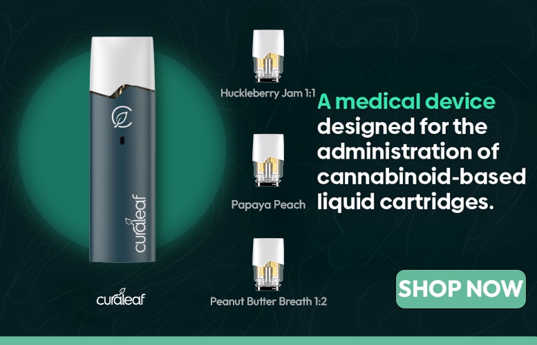 A medical device designed for administration of cannabinoid-based liquid cartridges. Curaleaf Que System.