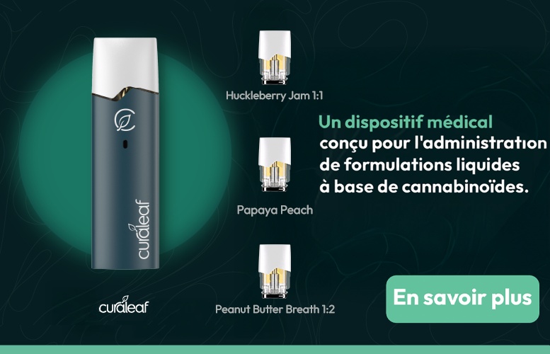 Un dispositif medical concu pour l'administration de formulations liquides a base de cannabinoides. Curaleaf Que System.