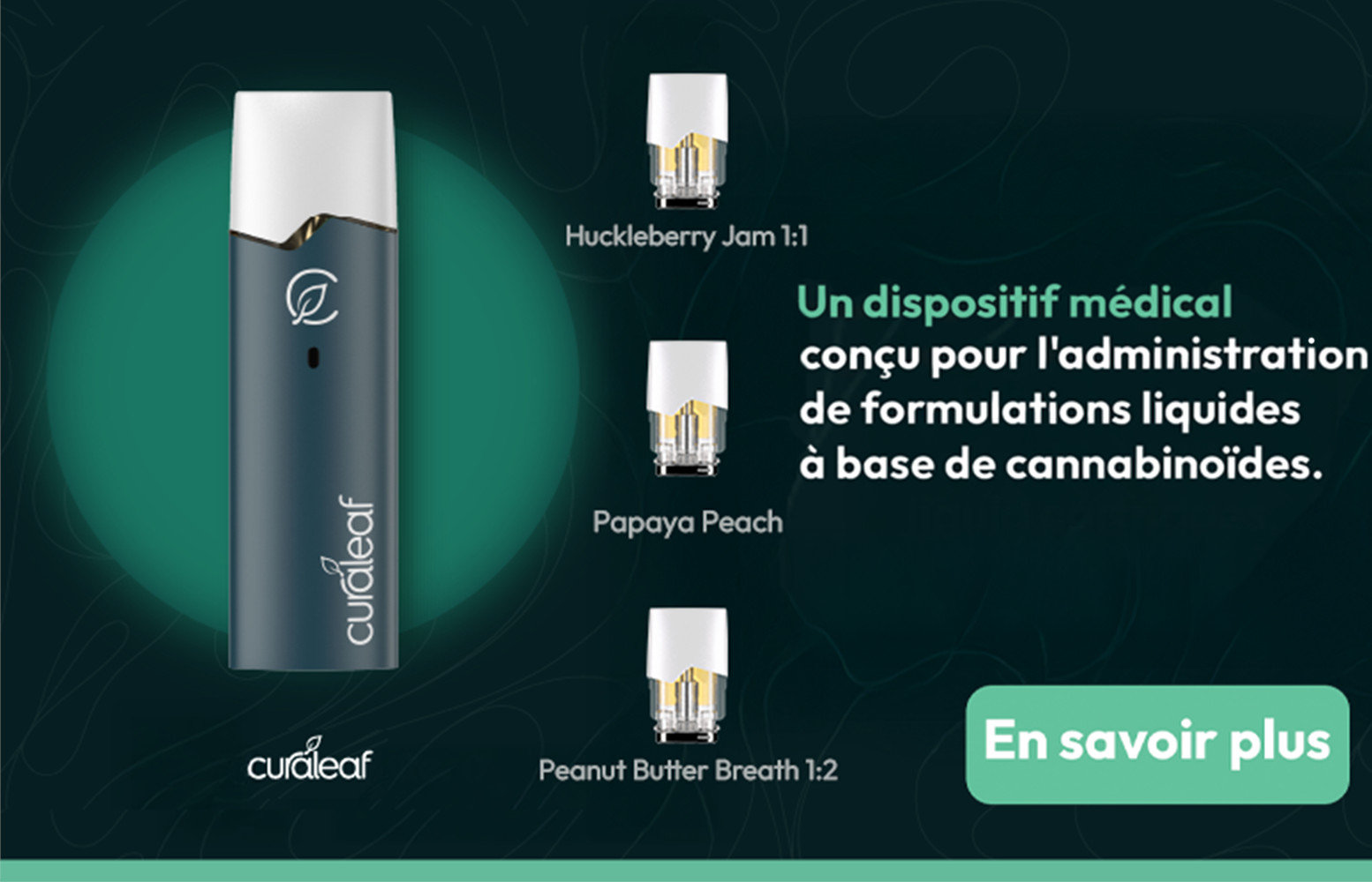 Un dispositif medical concu pour l'administration de formulations liquides a base de cannabinoides. Curaleaf Que System.