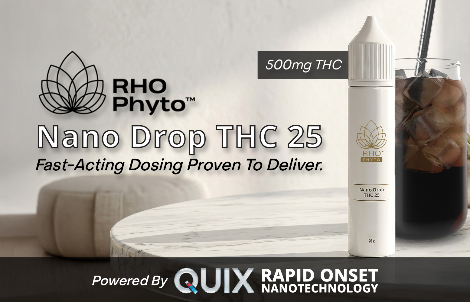 RHO Phyto™ Nano Drop THC 25, a fast-acting THC dosing product containing 500mg THC, powered by Quix Rapid Onset Nanotechnology